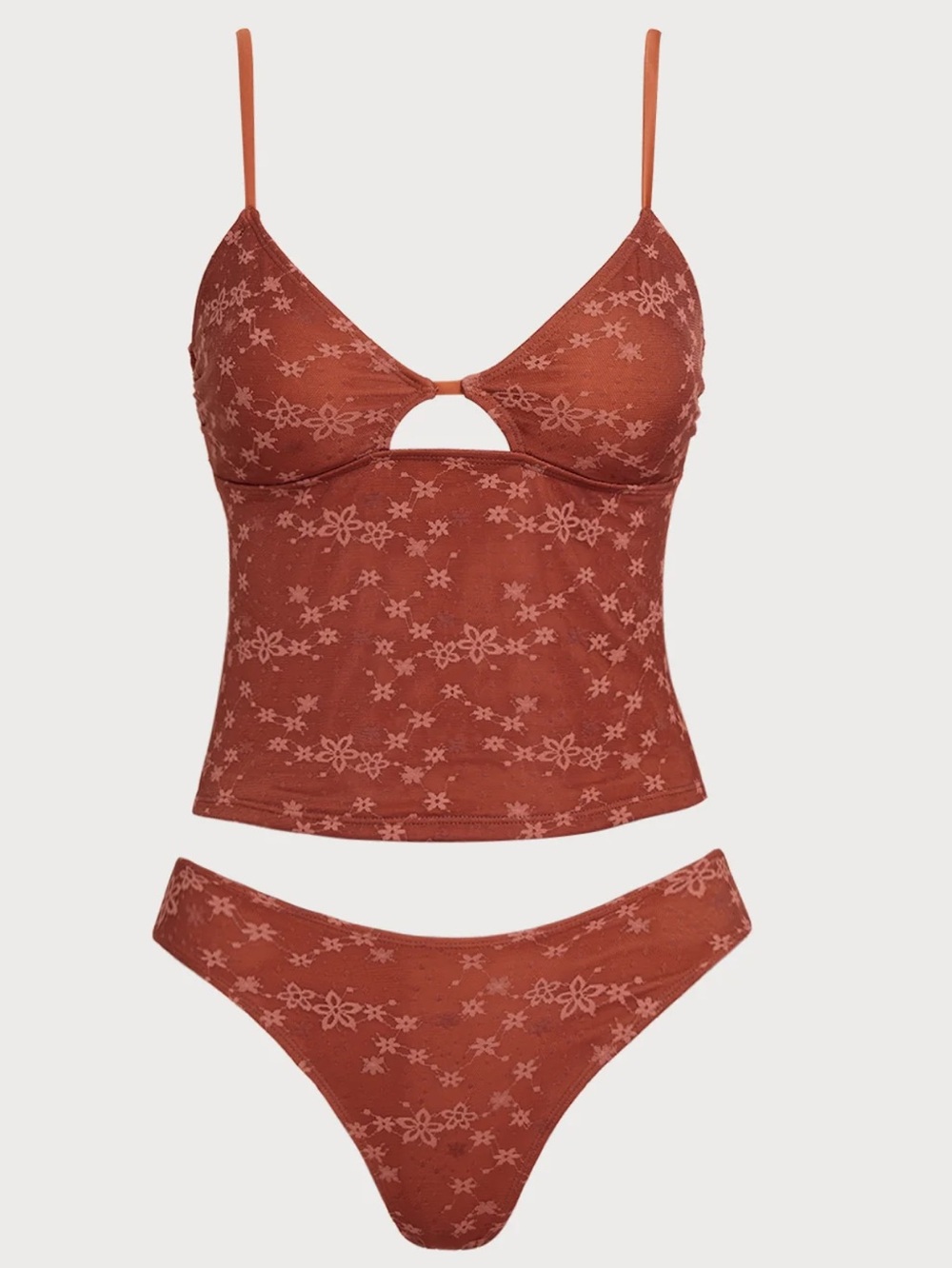 Brown Lace Flower Hollow Tankini Set